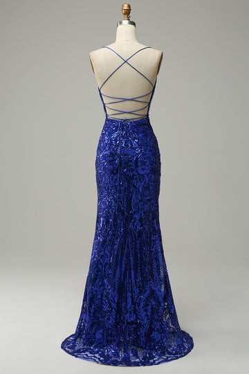 Sirena Tirantes de Espagueti Azul Real Vestido de Fiesta